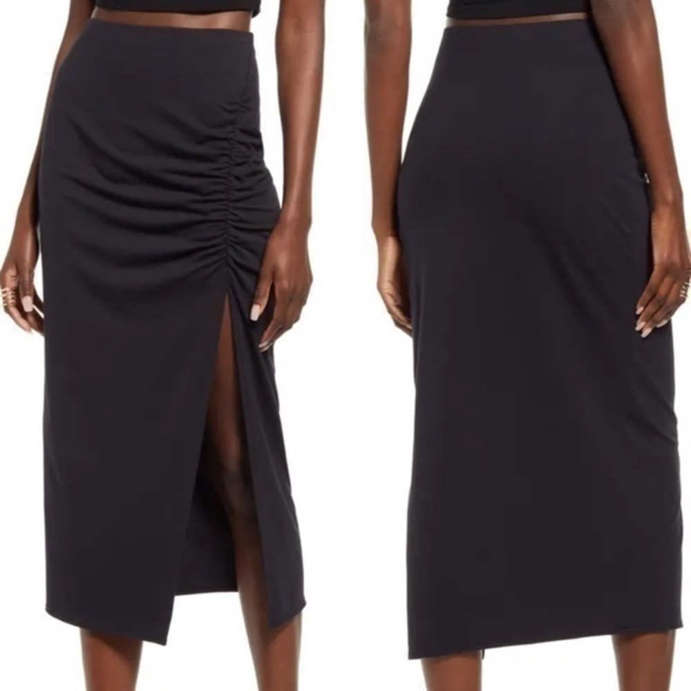 NWT Ruched Black Open Front MIDI Skirt Medium Womens midi pencil skirt